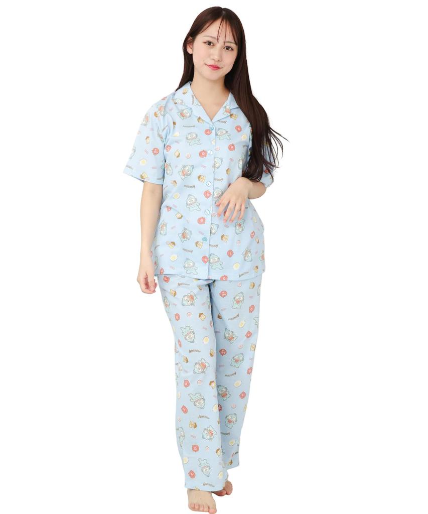 SAZAC Hangyodon Women's Cotton Jersey Pajama Set with Short Sleeves and Pants (Sax/M/SAN1807)
