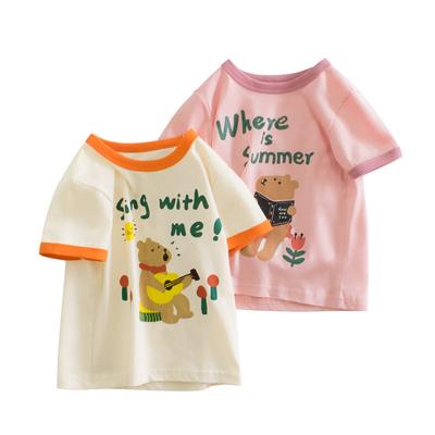 Girls' Short Sleeved T-shirt Summer New Item for Small and Medium-sized Children's Casual Teddy Bear Children's Clothing Half Sleeved