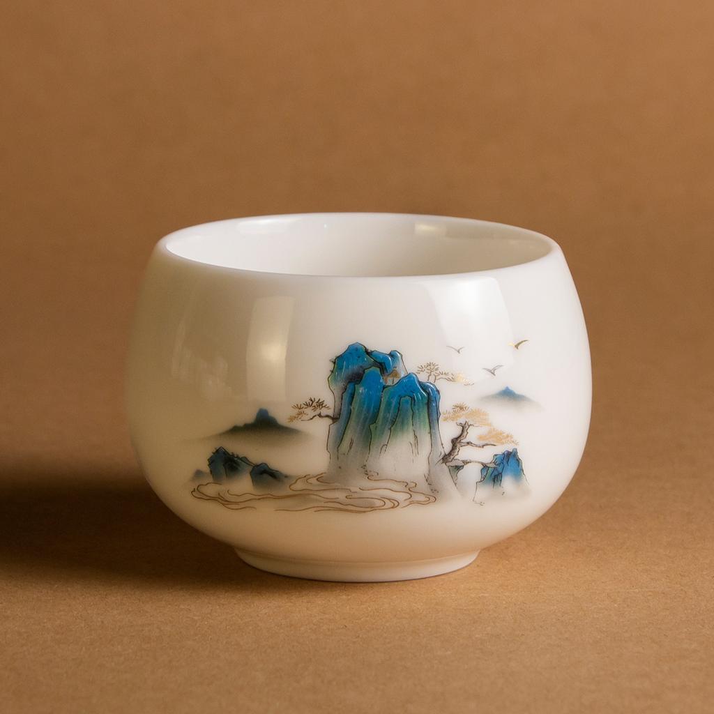 Ink wash mountain suet jade white porcelain teacup hat cup fair cup bubble teapot kung fu teacup master cup ceramic tea set