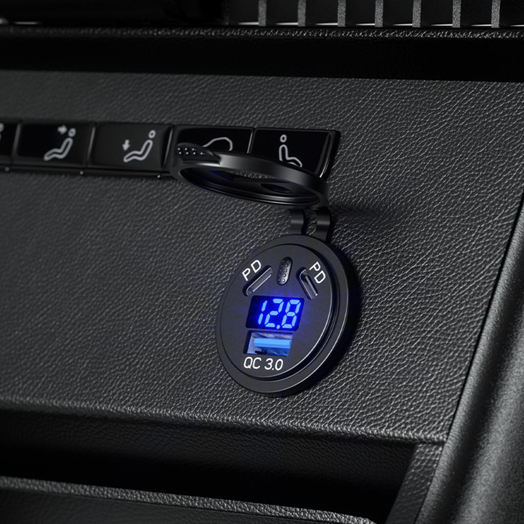 USB C Car Charger Socket 12V/24V USB C Outlet Ual 45W PD Type C & 18W 3.0 Port with LED Voltmeter