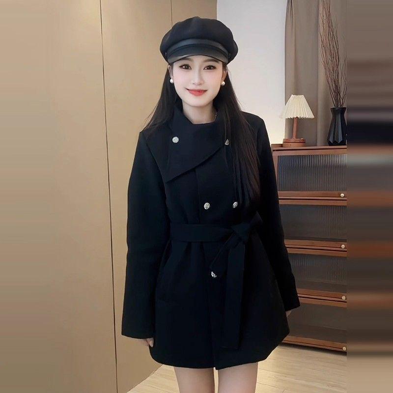 2025 Autumn/Winter Women's Korean Woolen Coat - Mid-Length Turtleneck Tie-Up Jacket, Black
