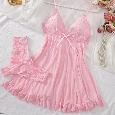 Tulle Suspenders Exquisite Women's Lencerias Lace V-Neck Underwear Semi-transparent Thong Dress Set Females Lingerie Nightgowns