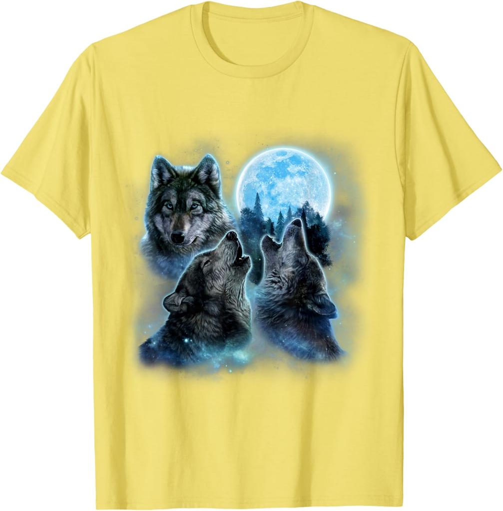Three Wolves Howling Blue Full Moon Graphic Tee Breathable Cotton Casual T-Shirt for Men