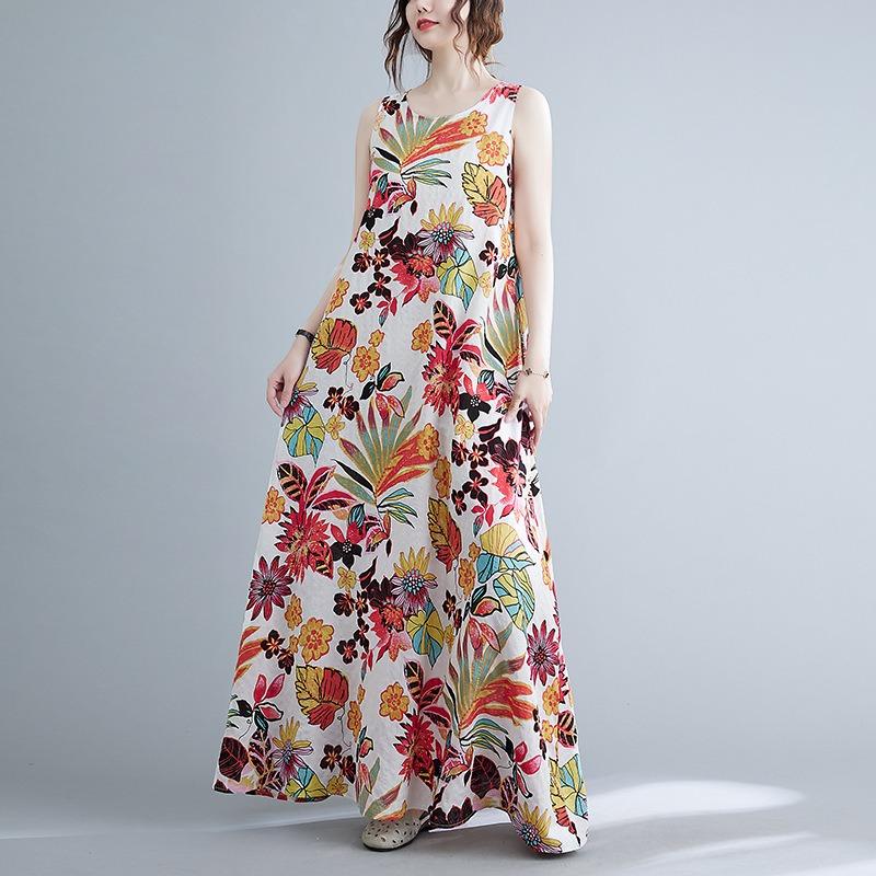 Summer Fashion Dress Women Loose Print Sleeveless Cotton Linen Dress Women's Vest Camisole Dresses