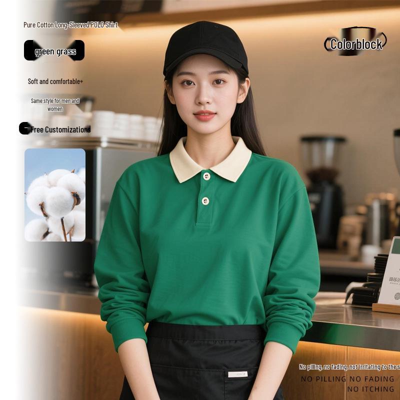 Customizable Pure Cotton Long-Sleeved Autumn/Winter Barista Uniforms for Milk Tea Shops, Dessert Shops, Fast Food Restaurants, and Catering.
