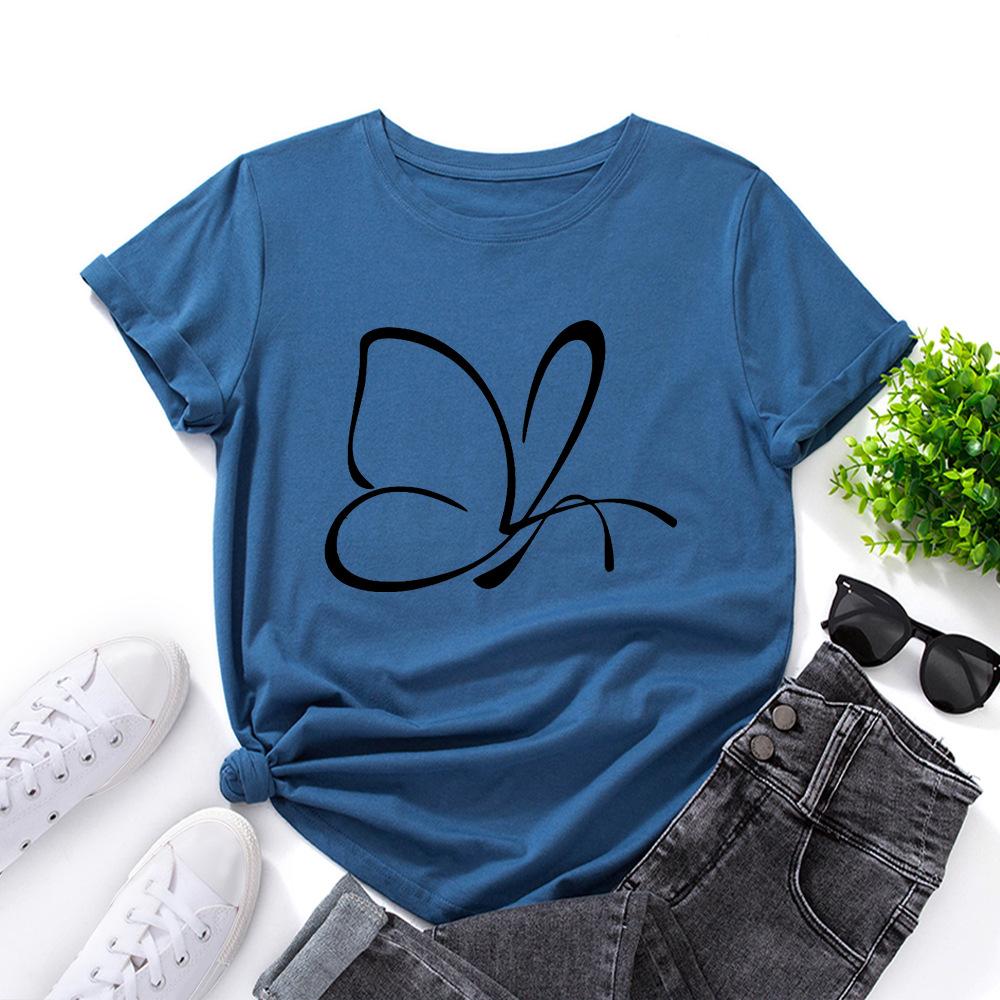 Cotton T-Shirt Short Sleeve Round Neck Women 2d Print Tops