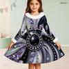 Girls High Neck Long Sleeve Black Silver Printed White Fur Trim A Line Flared Dress