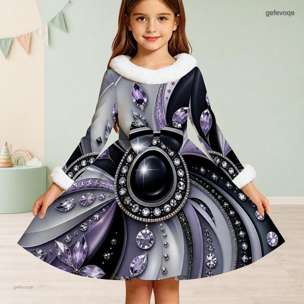 Girls High Neck Long Sleeve Black Silver Printed White Fur Trim A Line Flared Dress