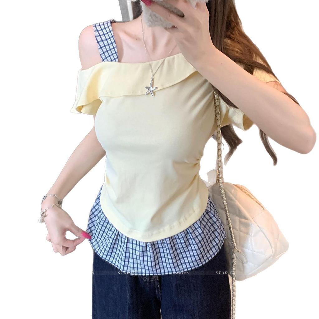 Übergrößen Off-Shoulder Patchwork Falten-Top für Damen - Sommerkollektion 2025