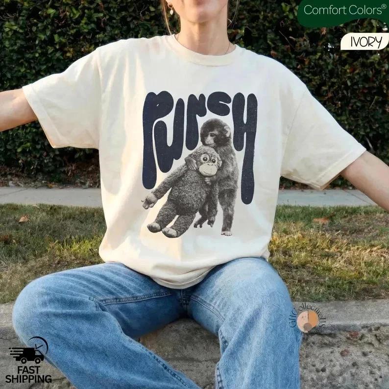 Cute Baby Monkey Punch T-Shirt Plush Toy Monkey Funny Animal Graphic Tee S
