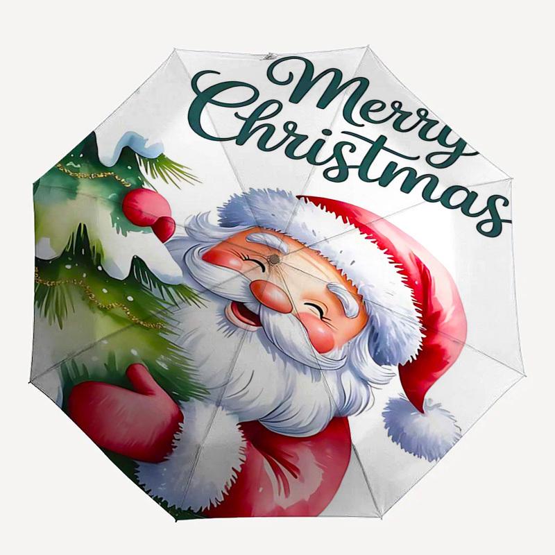 1 Stück Frohe Weihnachten! Festliches Nikolaus-Design Automatischer Faltregenschirm, Tragbares 3-fach faltbares Design, 8-Speichen-Eisenrahmen Outdoor-Regenschirm, Perfektes Geschenk für