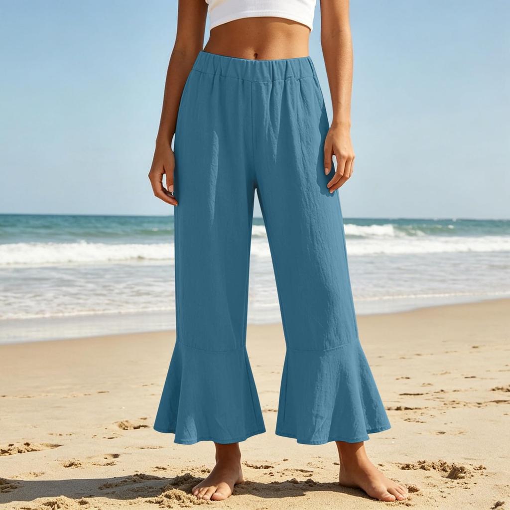 Damen Sommer Lässig Elastischer Bund Weites Bein Schlagende Caprihosen Strand Lockerer Schnitt Leicht Atmungsaktiv