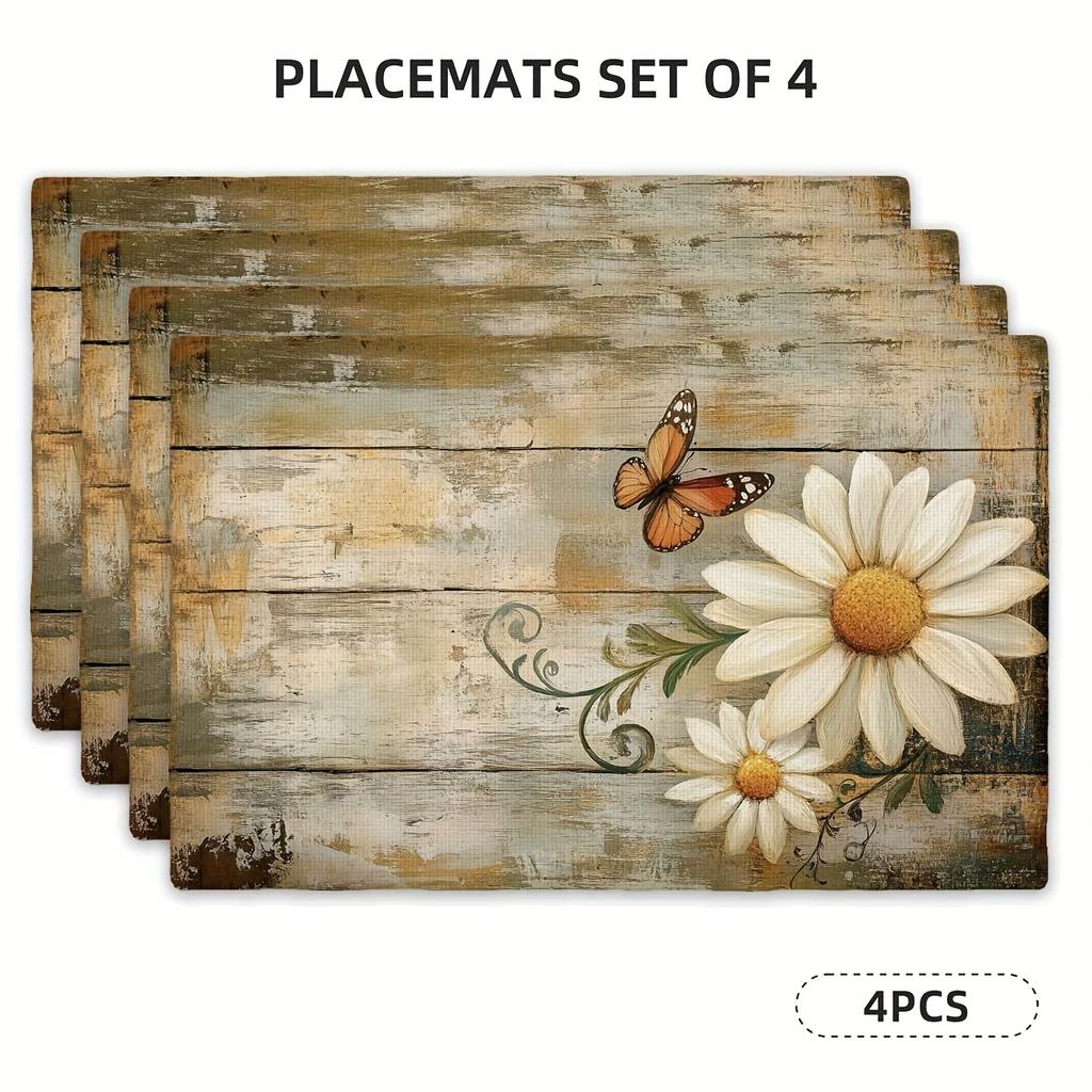 4/6pcs Butterfly Daisy and Mottled Wood Plank Spring Summer Placemats, Kitchen Rectangular Table Mats 12x18 Inches, Suitable for Family Kitchen Party
