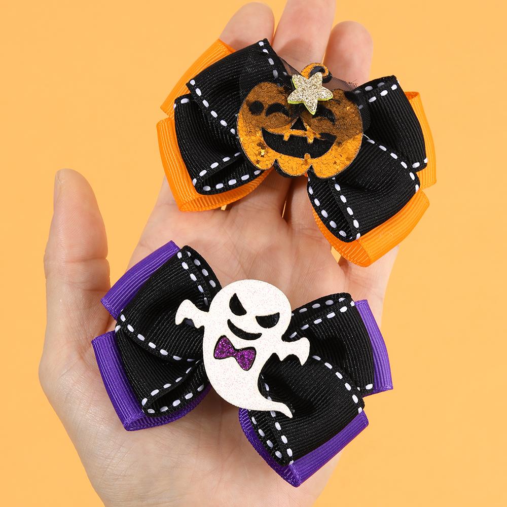 2Pcs Halloween Ghost Bow Hair Clips Cute Pumpkin Mesh Bownot Hairpins For Girls Children Gothic Headwear Hair Accessories