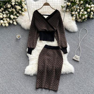 Fashion Comfy Women Dress Elegant Two Piece Set Knitted Tops And Pencil Skirts Office Style Ladies Skirt