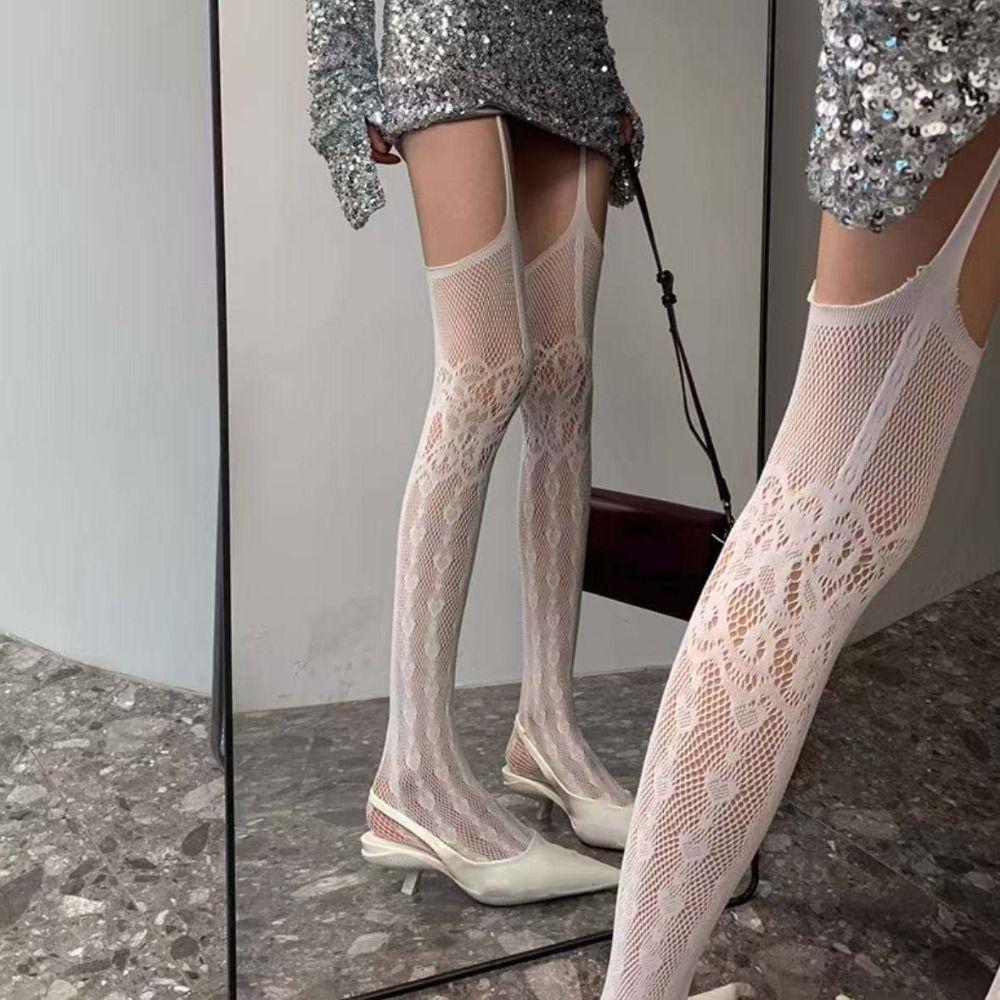 Lace Flower Mesh Pantyhose Nylon Suspender Stockings Retro Thigh High Stockings  Night Club