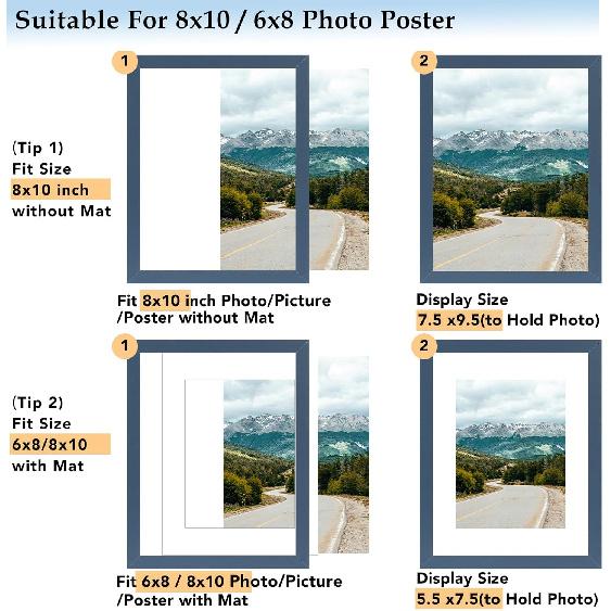8x10 Picture Frame with 6x8 Mat, Display 6x8 with Mat or 8x10 Without Mat, Wood 8 by 10 Photo Frame, 8 x 10 Frame for Wall Hanging and Tabletop