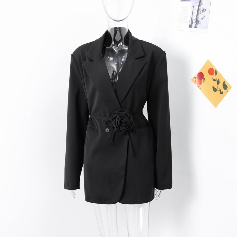 

Autumn Blazer Jacket Lapel Long Sleeve Waist Cinching Jacket 3D Flower Belt Design Women s FashionTemperament Commuting Top S чорний