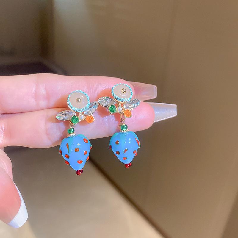 Silver Needle Butterfly Heart Earrings with Blue Gradient Drip - Elegant Autumn/Winter Studs