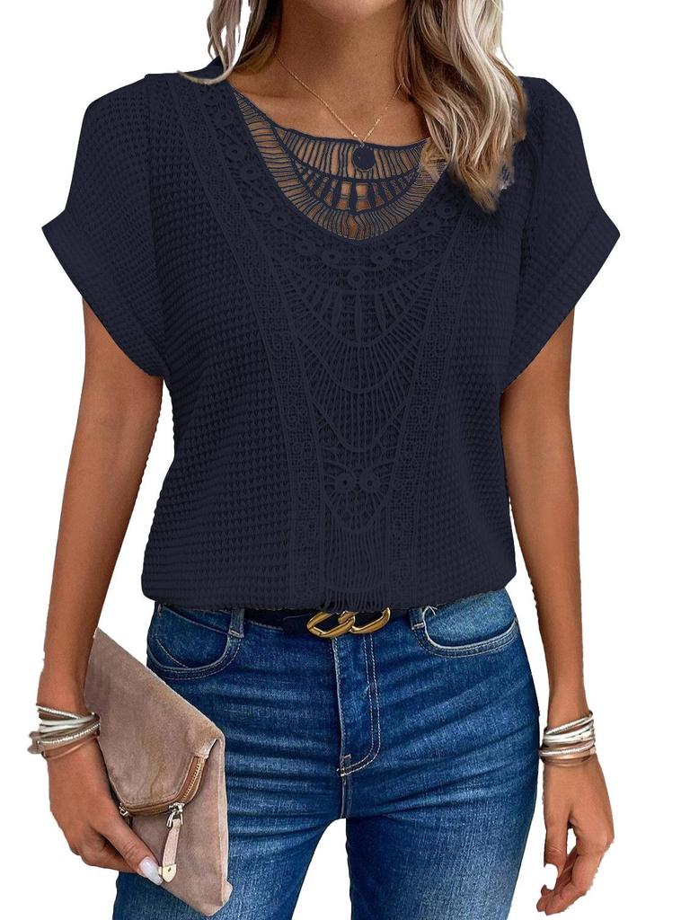 2025 Spring/Summer Lace Patchwork Casual Short Sleeve T-shirt for Women