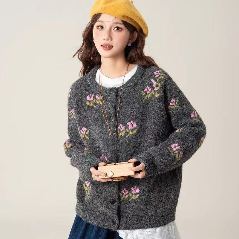 Blumendekoration Damenpullover Rundhalsausschnitt Einfarbig Langärmelig Cardigan Französischer Stil Herbst Neue Version Süßes Damenoberteil