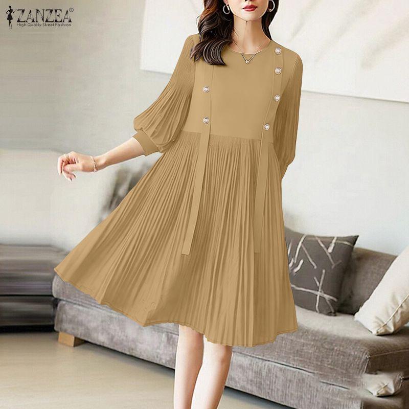 ZANZEA Women Casual Round Neck Summer 3/4 Sleeve Pleated Dress