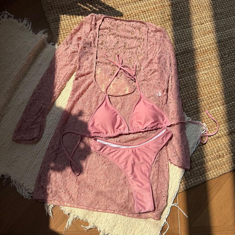 

Сексуальное сетчатое платье с длинными рукавами, набор бикини из 3 предметов, женский белый купальник пуш-ап с высокой талией, купальный костюм, праздничная пляжная одежда L розовый