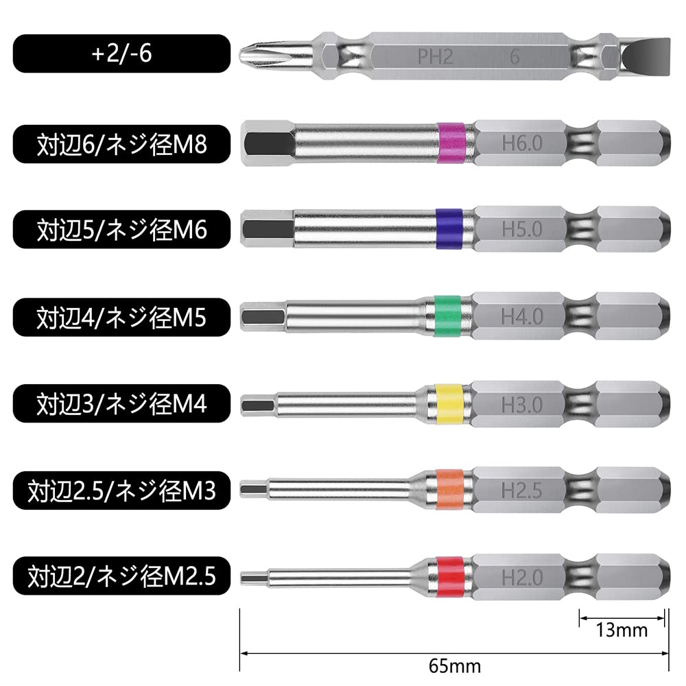 XMSSAA Hex Bit Set Hex Bit Set Hex 65mm Opposite Side Magnetic Bit Electric Driver Bit Hex Shaft Impact Compatible 7-Piece Single-Head 2/2.5/3/4/5/6