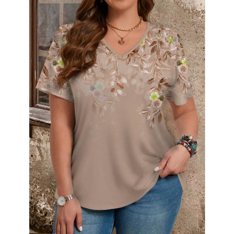 Summer V-neck Flower Pattern 3D Printed Top Fashionable Casual Short Sleeved Women's T-shirts
