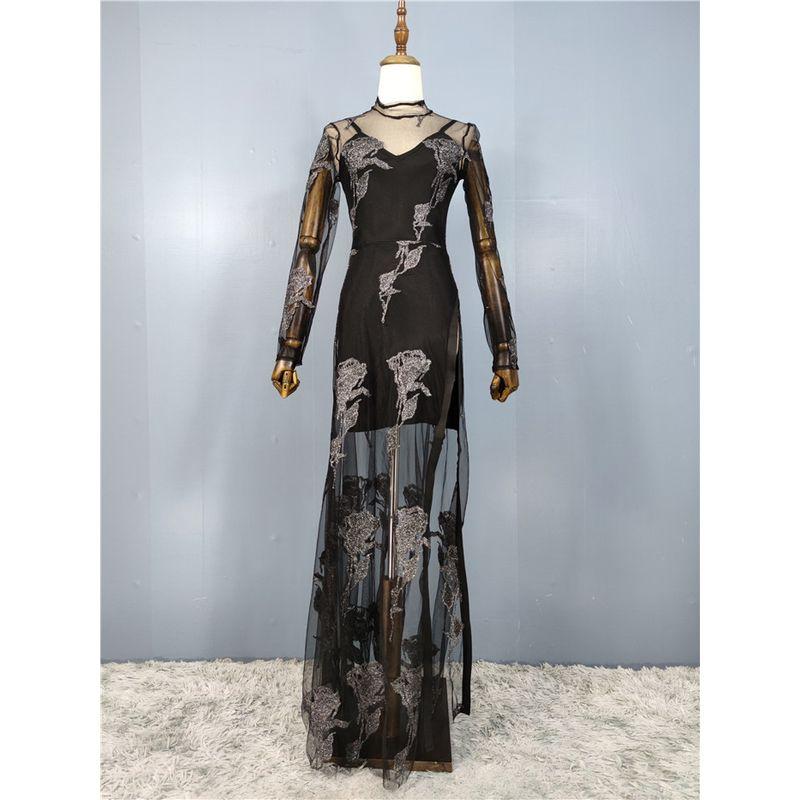 

European American Socialite Aura Silver String Shiny Black Mesh Stitching Bandage Lining Sling Fake Two-Piece Formal Dress Black S