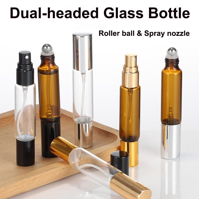 10Ml Double-Headed Perfume Glass Bottle Rolling And Mist Spray Aluminum Nozzle Glass Bottles Refillable Empty Fragrance Atomizer