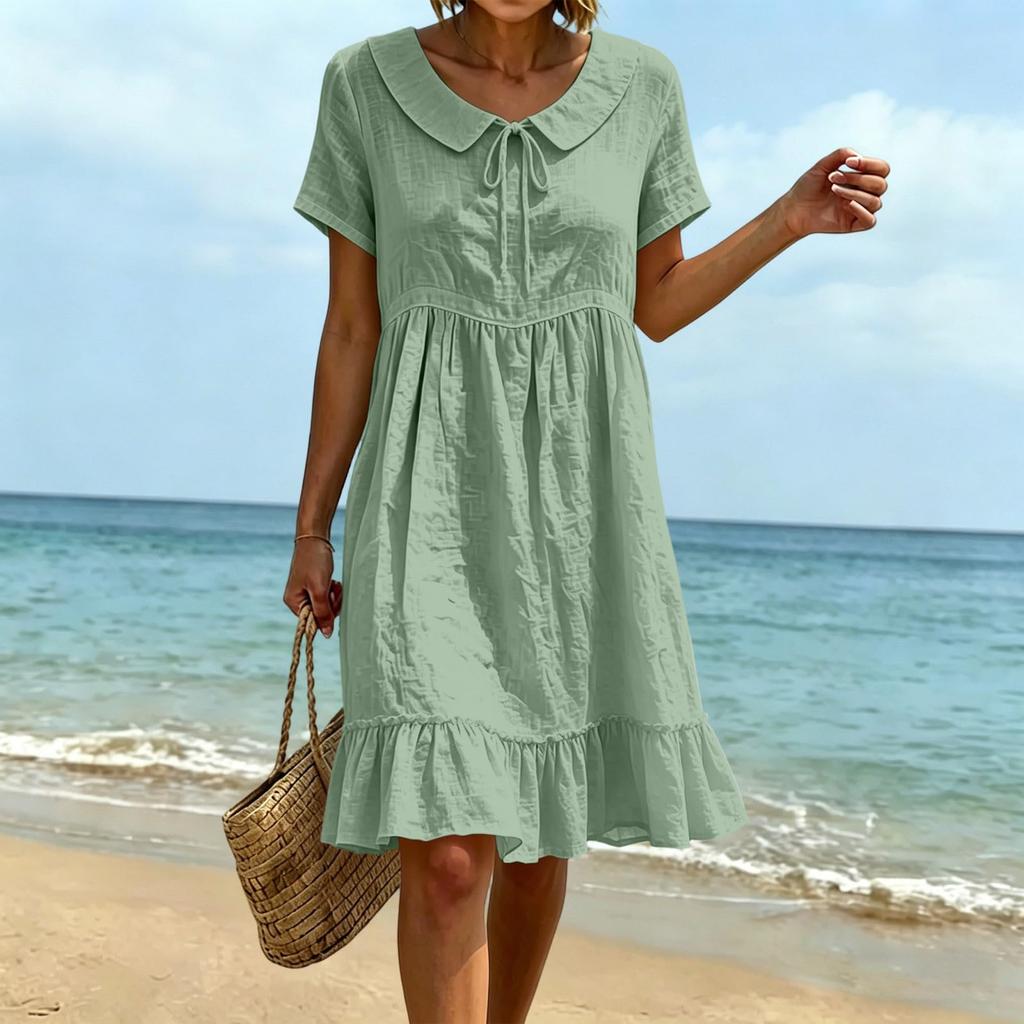 Women Summer Casual Dress Loose Fit Short Sleeve Round Neck Knee Length Ruffle Hem Lightweight Breathable Fabric