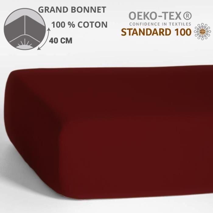 HOMEROKK Fitted Sheet 140 X 190 Cm - 100% Cotton - Bonnet 40 Cm - Burgundy
