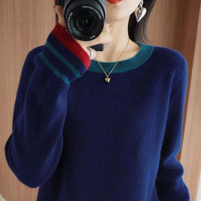 Round-neck Sweater Loose Korean-style Plus-size Pullover Fashionable Solid-color Loose Knitted Sweater Long-sleeved Top for Autumn and Winter