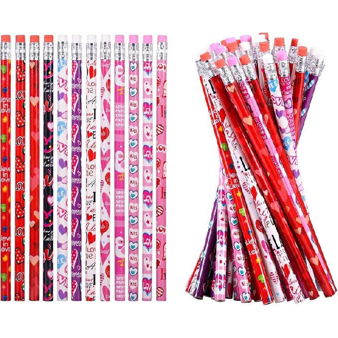 24 Pieces Valentine's Day Pencils for Kids Valentines Pencil Bulk Holiday Pencils with Top Erasers Pencils for Valentine's Day Gifts Party Favors