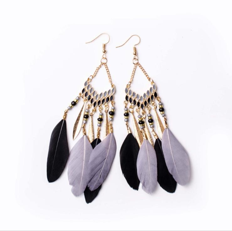 Vintage Bohemian Feather Tassel Earrings Exaggerated Ethnic Vacation Dangle Ear Jewelry Fashion Accessories For Women