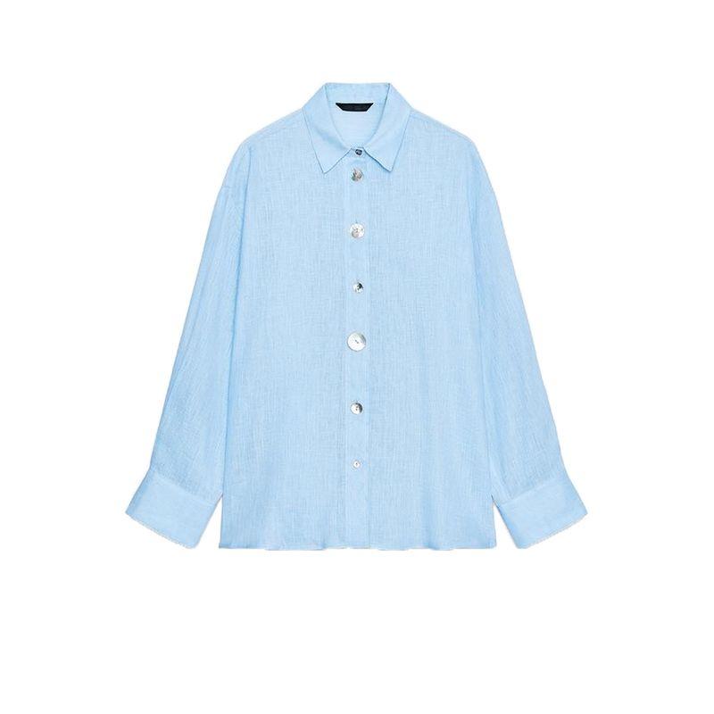 

Summer New Product Women s Clothes Flap Collar Long Sleeves Patchwork Button Trim Linen Blend Shirt Tops 8117707 Sky Blue L