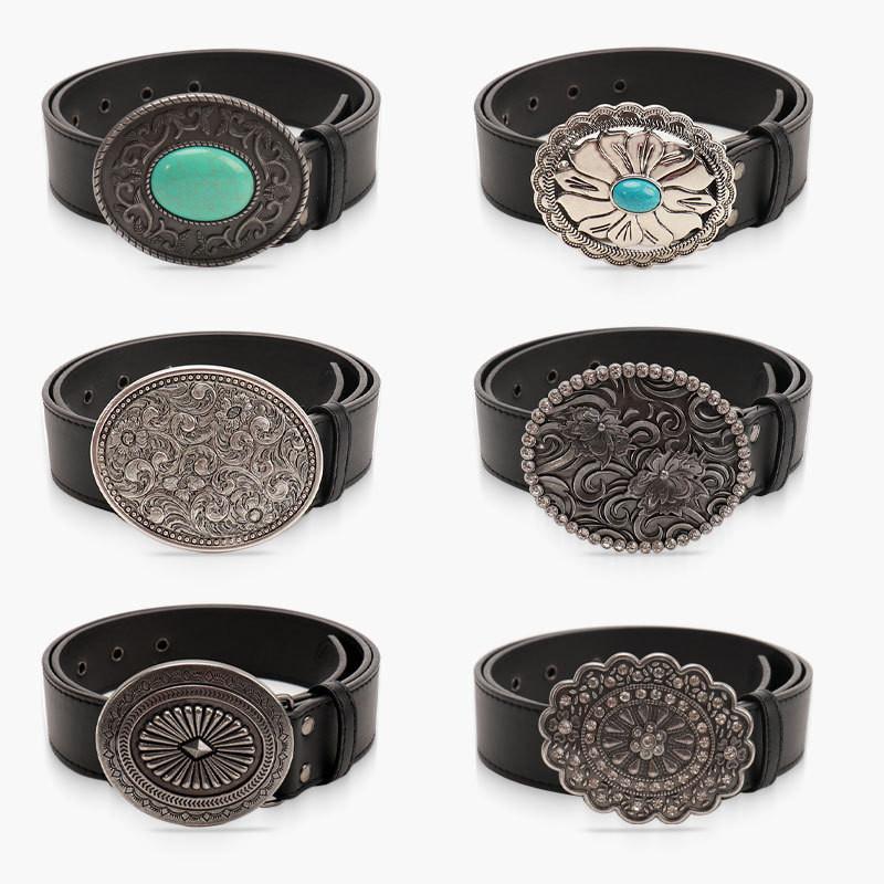 Bohemian Vintage Gem Black Leather Belt For Women With Alloy Buckle And Versatile Style