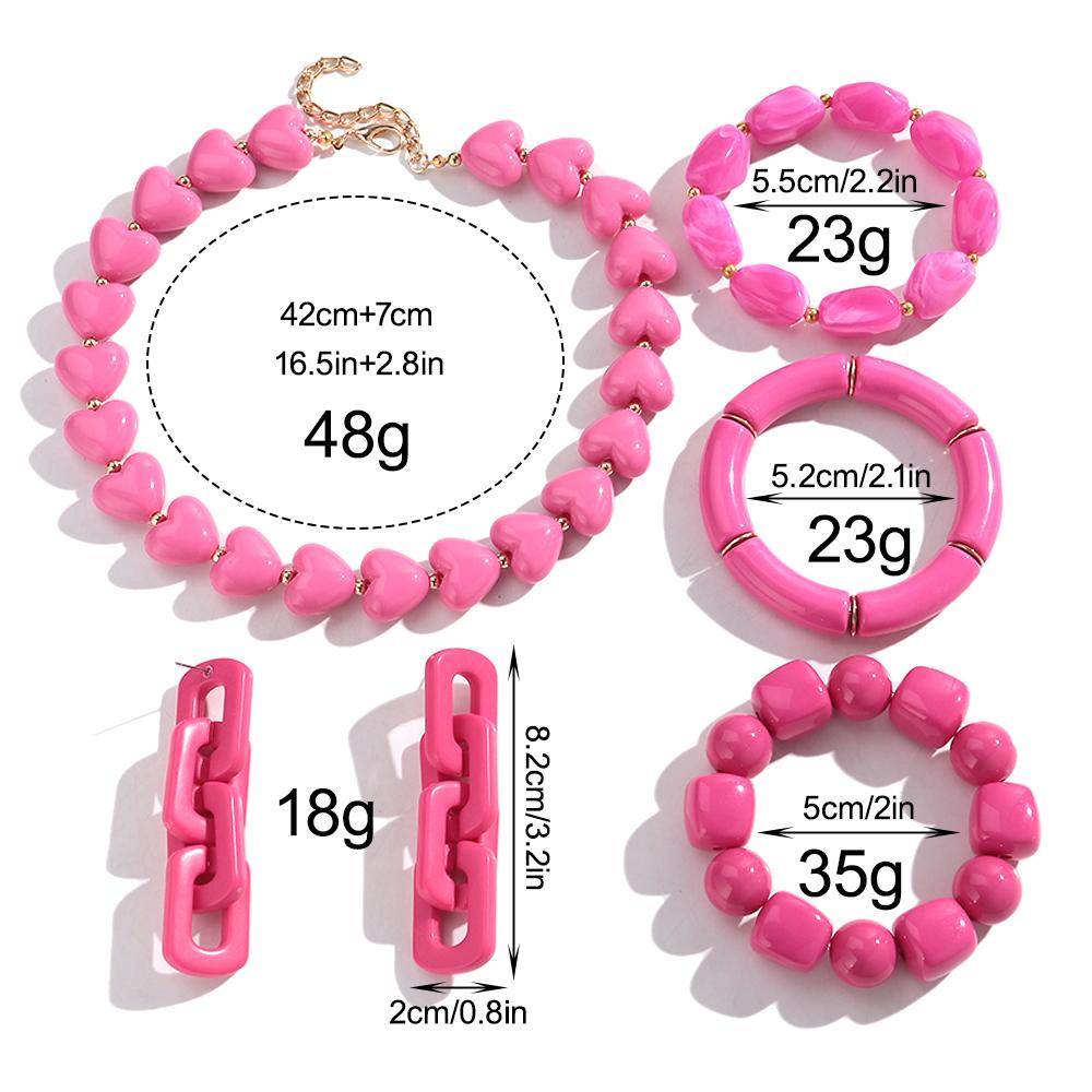 New Fashion Hot Pink Geometric Heart Beads Acrylic Bracelets Necklace for Women Spring Summer Statement Jewelry Accessories Gift