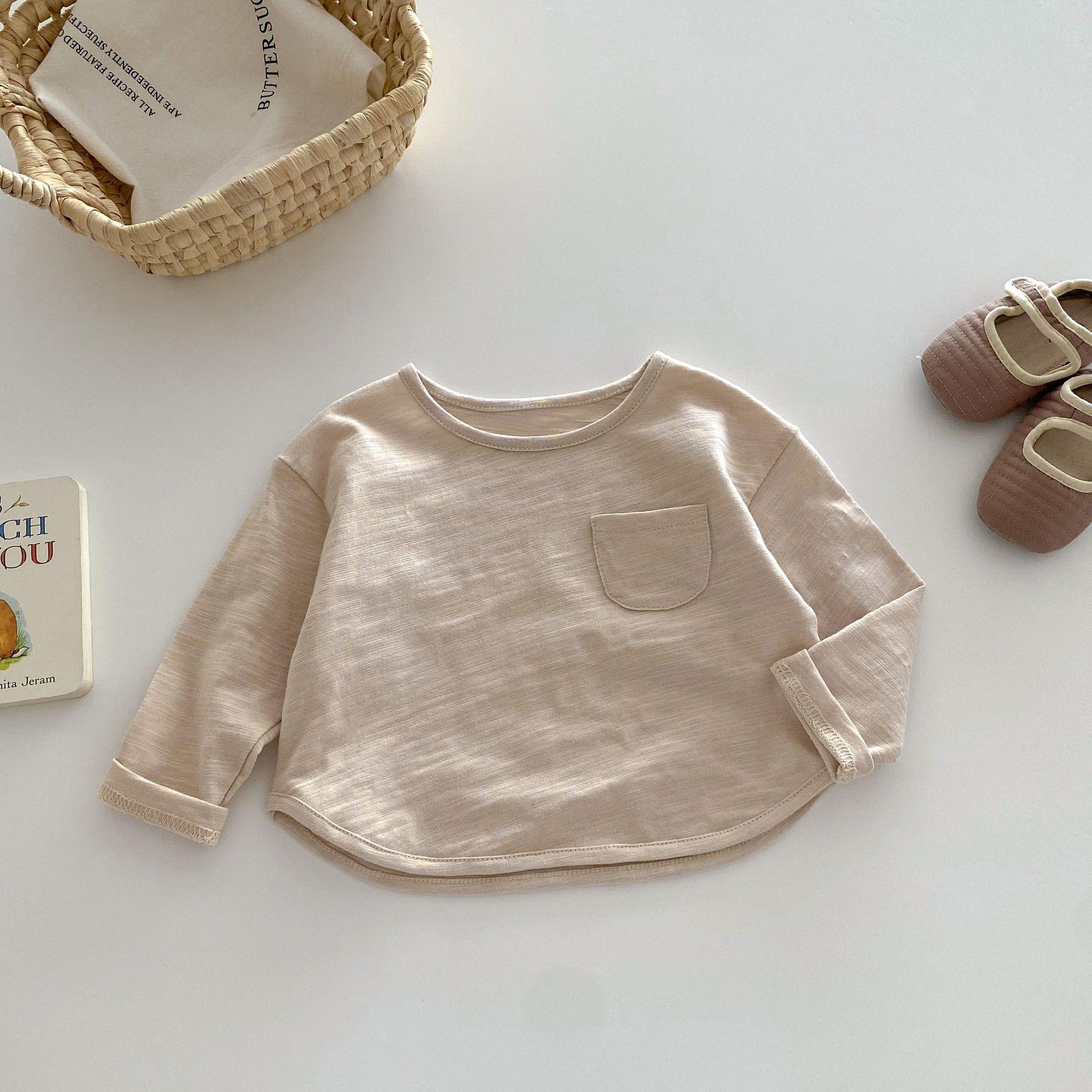 

Весенняя футболка с длинным рукавом из бамбукового хлопка для детей, возраст 0-5 лет, однотонная, топ в корейском стиле для маленьких мальчиков 73 абрикосовый