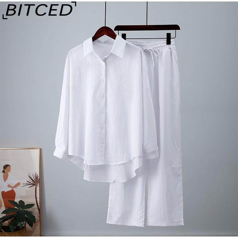 BITCED Fashionable Autumn/Winter Loose-Fit Stretch Creased Long-Sleeved Shirt and Wide-Leg Trousers Casual Set for Women, 2-Piece