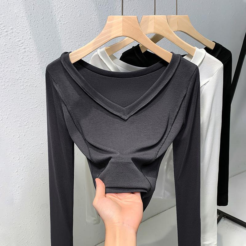 

Белая французская ключица открытая V-образный вырез плечо футболка для женщин с длинным рукавом круглый вырез внутренняя базовая рубашка омолаживающий модный топ L серый