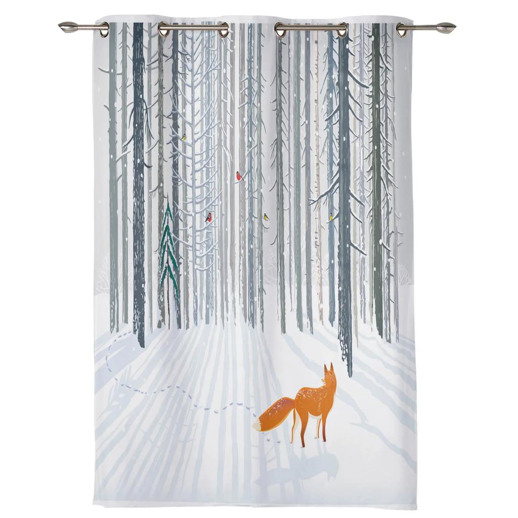Animal Bird Fox Forest Winter Birch Tree Window Curtains Home Decor Living Room Curtains Kid's Room Cortinas For Kitchen Bedroom
