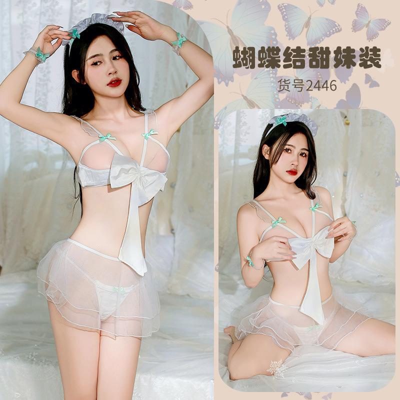 Sexy Lingerie Sexy Sweet Hollowed-out Perspective Seduction Maid Outfit Lace-up Bow Character Uniform Suit Pure Lust