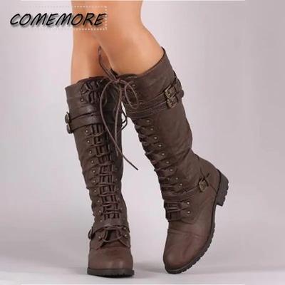 Botas altas hasta la rodilla para mujer, zapatos planos con cordones para otoño e invierno, calzado sexy Steampunk de PU con hebilla retro para mujer, botas de nieve para mujer, plataforma