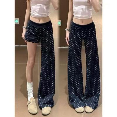 Foreign Navy Blue Polka Dot Micro-pull Pants High Waist and Thin Fashion Casual Wide-leg Pants Versatile  Elastic Waist Polka Dot Wide Leg Trousers