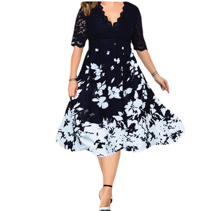 

2024 Женское кружевное платье с V-образным вырезом, модное повседневное платье с короткими рукавами и принтом XL чёрный