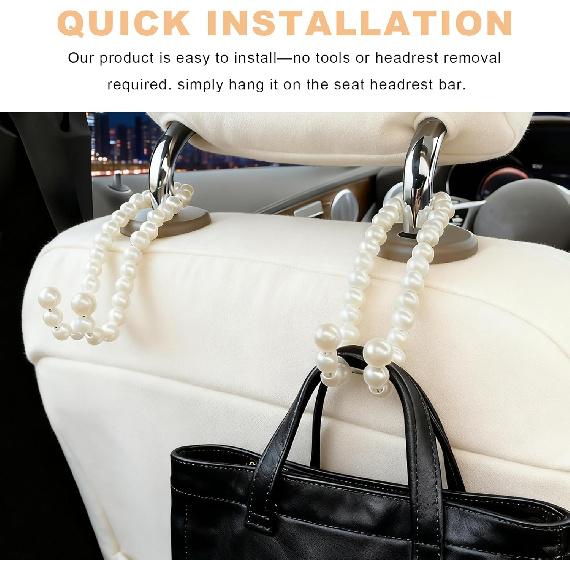 2PCS Elegant Pearl Car Seat Headrest Hook, Cute Pearl Car Seat Back Hook Storage Organizer, Exquisite Headrest Hanger Purse Holder Interior