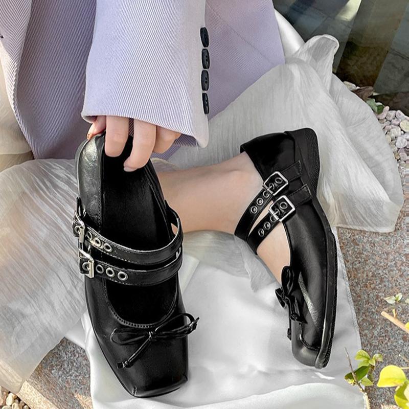 Fashion double buckle belt women flats square toe bowtie mary janes shoes cute lolita shoes soft bottom loafers woman brogues flats