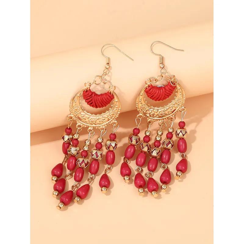 European and American retro earrings with ethnic style, rice beads, tassels, bead earrings, textured earrings, and accessories